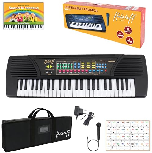 ffalstaff SMART-49 Tastiera Elettronica 49 Tasti per uso Ludico con Borsa, Adesivi con Notazione Italiana, Microfono, Alimentatore di rete e E-book Suona la Tastiera (Italian Design)