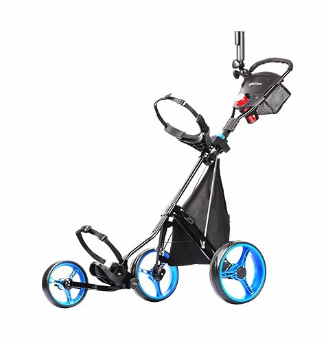 PRECISE Cruiser 3-Wheel Golf Push Cart with Foot Brake & Stabilizer Rods – Folding Golf Trolley, Ergonomic Handle, Detachable Storage Bag, Scorecard & Cup Holder - Black/Blue