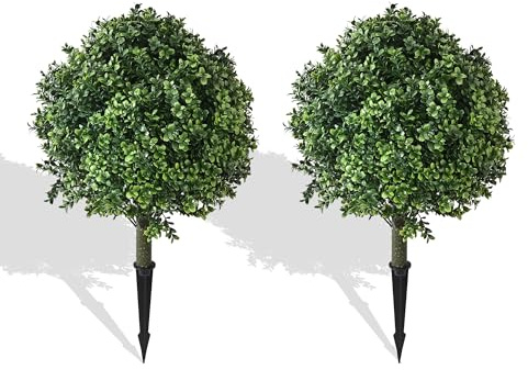 28 Artificial Boxwood Topiary Ball Trees with Ground Spike for Outdoor,Set of 2 UV Resistant Artificial Shrub Bushes,Artificial Plants,Fake Boxwood Plants for Indoor, Garden, Yard,Patio Décor