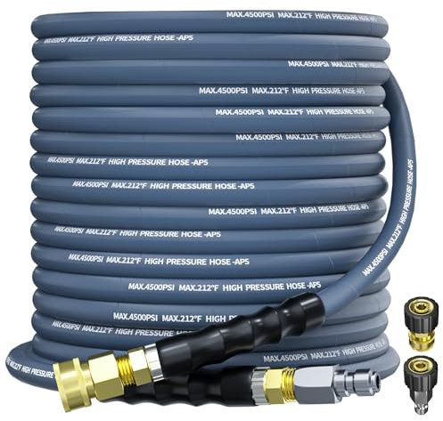 KARHDIR Pressure Washer Hose 50FT 3/8 for Cold and Hot Water 212°F, with Swivel Quick Connect, 4500PSI Kink Resistant Grade Steel Wire Braided, Power Washer Hose With 2pcs M22-14mm Adapter