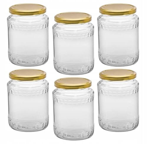 TRANS - PAL Glass Jars 720ml – Set of 6 Vintage Storage Jars with Golden Lids | Ideal for Preserves, Jam, Pickles, Dry Goods | Airtight & Reusable | Classic Kitchen Style