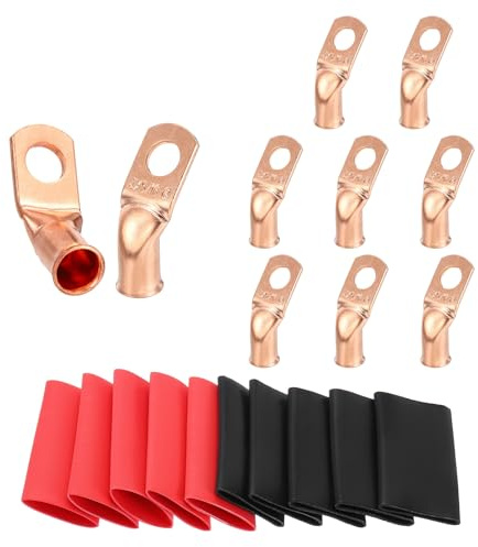 sourcing map 10pcs 4 Awg 45° Bent Copper Lugs Battery Cable Ends, 4 Gauge 5/16 Stud Battery Lugs Ring Terminal Connectors with 10pcs 3:1 Black & Red Heat Shrink Tubing
