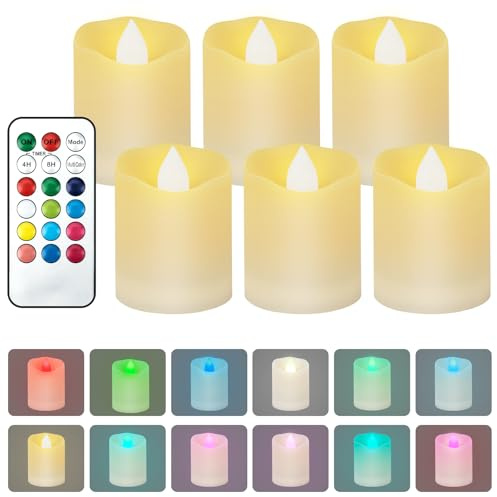 KERCAMKEL Velas LED con temporizador y mando a distancia, 6 unidades de velas LED con 2 modos, temporizador 4H/8H, velas de té eléctricas multicolores para Halloween, decoración del hogar, Navidad