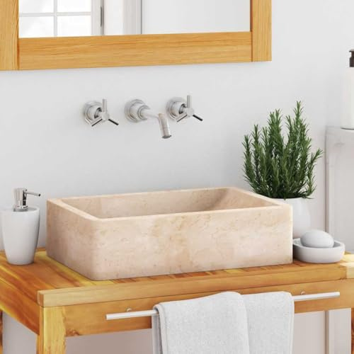 Lavabo with Marbre, Design Rectangulaire, Finition Crème Brillant, Vasque à Poser Salle de Bain, Lavabo Salle de Bain, Meuble Vasque Salle de Bain, Lave Main, 45 x 30 x 12 cm