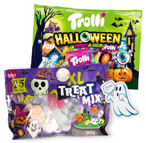 Halloween Süßigkeiten Bundle – Becky’s Mix 205g & Trolli Sweet & Sour 360g inkl. Geisteraufkleber – Perfekt für Trick or Treat, Kinder, Halloween-Party, Deko, Süßigkeiten-Box & schaurigen Naschspaß