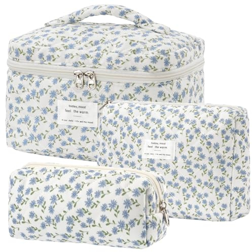 BuyCard Lot de 3 Trousses de Toilette pour Femme avec Motif Floral - Trousse de Toilette matelassée - Portable - pour Les Voyages et la Vie Quotidienne (3, Blue Peacock Flower)
