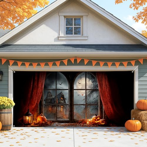Haunted House - Cubierta para puerta de cochera, decoración de puerta de garaje grande de calabaza otoñal, decoración de fondo de fiesta de Halloween para interiores y exteriores, 157 x 71 pulgadas
