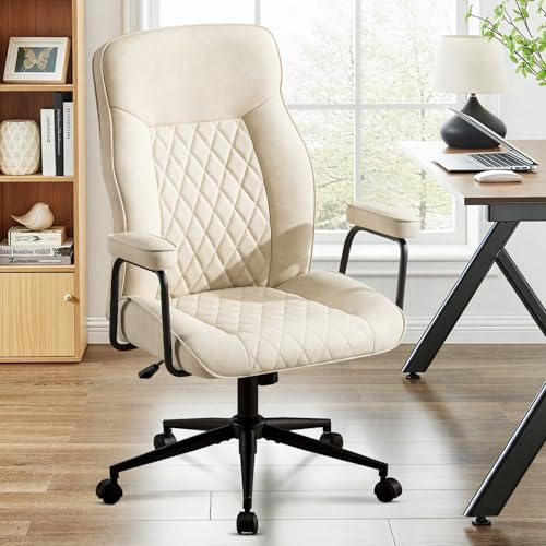 Ckaff Fauteuil Bureau, Fauteuil de Direction en Cuir PU, Chaise de Bureau Ergonomique avec Large Assise, Dossier Inclinable et Hauteur Réglable, Chaise de Travail Chaises d'Ordinateur Pivotante, Beige
