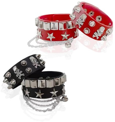 WIRZUL 4 Pulseras Punk Rock de Cuero, Brazalete Gótico de Cuero PU con Tachuelas Punk, Ajustable, Estilo Años 80, Pulseras Punk Rock Góticas, Brazalete para Hombre y Mujer, Cosplayer