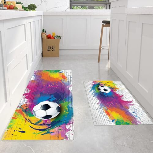 Patrón de fútbol Alfombra de Cocina Antideslizante Alfombra de Cocinas, Estilo Grafiti Durable Anti-Fatiga Corredor de Pasillo para Cocinas Lavable de Cocina,45x75+45x150cm