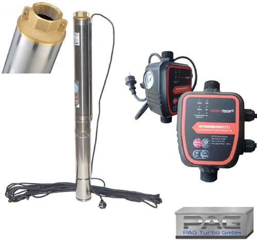 PAG Turbo GmbH® - Hochwertige energiesparende 3 Edelstahl Tiefbrunnenpumpe 3000l/h - 8,2 bar sandverträglich bis 5% Typ 3Ti20 + Intelligente Pumpensteuerung Hydrobuddy (T)