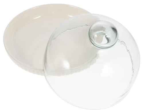 NUOBESTY Présentoir à Gâteau Céramique 18 Cm Blanc Crème avec Cloche en Verre 16 Cm, Plateau de Service pour Desserts et Pâtisseries, pour Fêtes et Présentation Élégante