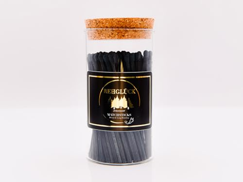 REHGLÜCK Schwarzwald Pot cylindrique en verre avec bouchon en liège rempli d'environ 100 allumettes de 10 cm de long (verre cylindrique avec bouchon en liège, allumettes noires, couleur de la tête