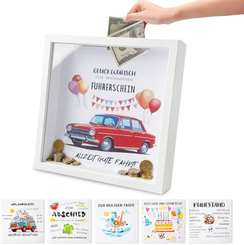 XHYASD Bilderrahmen Spardose 22x22cm 6 Motive Geldgeschenk Rahmen Büro Deko | Wechselmotive, Geldschein-Präsentation, Geschenkbox für Anlässe, Büro & Wohn Deko, 22x22 cm Format, Tisch- & Wandnutzung
