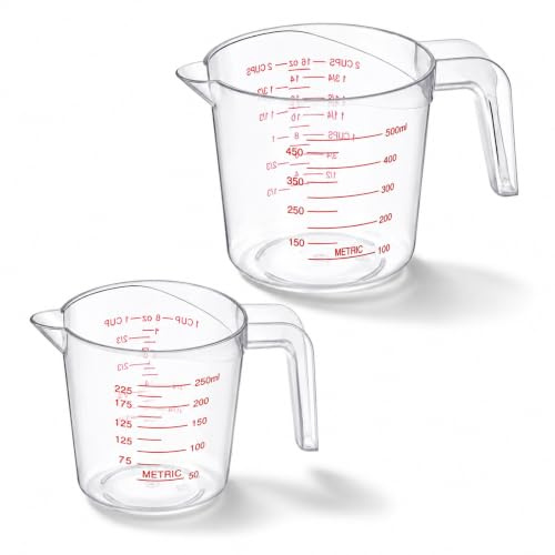 Set di 2 misurini in plastica per liquidi: 250 ml (1 tazza, 8 once) e 500 ml (2 tazze, 16 once) strumenti da cucina trasparenti per cottura cottura e miscelazione