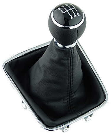 L&P A278-1 Pommeau de levier de vitesse Noir 6 vitesses 12 mm Compatible avec VW Golf Plus 5M 521 Tiguan I 5N Sharan II 7N Cadre chromé Kit complet bouton en cuir PU Plug Play Pièce de rechange