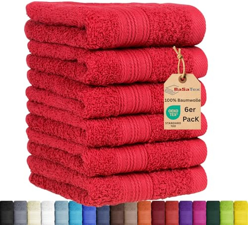 BaSaTex - 6er Pack Handtuch Set für Gäste - Handtücher mit Aufhängeschlaufe aus weicher Baumwolle in 30x50 cm - Gästetücher für die Händereinigung Öko-Tex Standard 100 Zertifiziert - Rot
