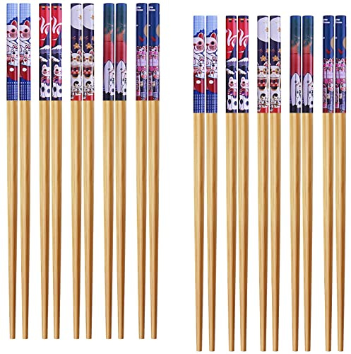 GLAMFIELDS 10Pairs Handmade Natural Bamboo Chopsticks Healthy Asian Japanese Korean Noodles Sushi Chopsticks set Reusable Gift Tableware-Cute Cat Drawing