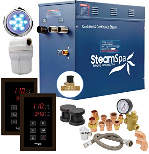 SteamSpa Executive 12 KW QuickStart ACU-Steam Bath Generator Package with Built-in Auto Drain in Oil Rubbed Bronze | Steam Generator Kit with Dual Control Panel Steamheads 240V | SS-EXT1200OB-A