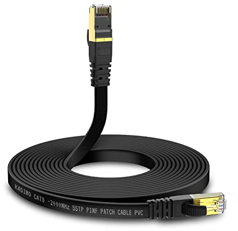 KASIMO Cable Ethernet Cat 8, Cable de red plano 40 Gbps / 2000 MHz, SFTP Cable Internet Con Conector RJ45 Enchapado en Oro, Negro 3m