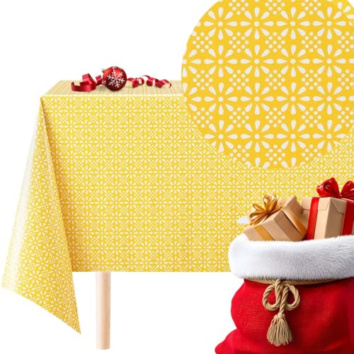 KP HOME Abwischbare PVC Tischdecke Rechteckig 300 x 140 cm, Wasserdichtes Vinyl-Wachstuch, Pflegeleicht, Retro Gelb und Weißer Blumendruck, Kleine Blumen Muster, Ideal für den Innen- und Außenbereich