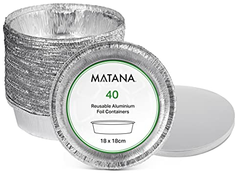 MATANA 40 Round Foil Trays with Lids (18 cm/7, 800 ml) – Aluminium Foil Pie Dishes, Flan & Pastry Cases, Tarts, Quiches, Desserts, Cakes - Oven & Freezer Safe - Reusable & Disposable Baking Trays