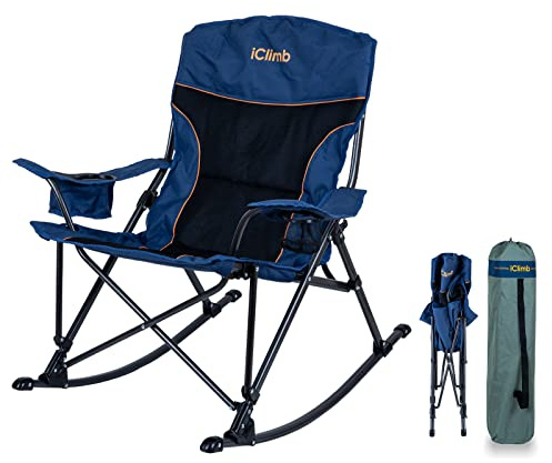 iClimb Padded Folding Rocking Chair Heavy Duty Camping Patio Porch Backyard Lawn Garden Balcony Rocker Indoor Outdoor with Carry Bag