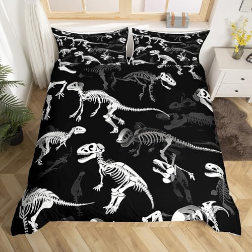 Erosebridal Dinosaur Skeleton Duvet Cover Gothic Dino Skull Bedding Set Full Size, Wildlife Bone Comforter Cover Set for Child Teens Boys Youth Man, Sci-Fi Wild Animal Themed Room Decor