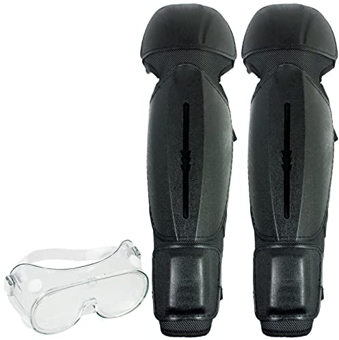 SPARES2GO Knee & Shin Guards for Chainsaw (One Size, Black) + Safety Goggles