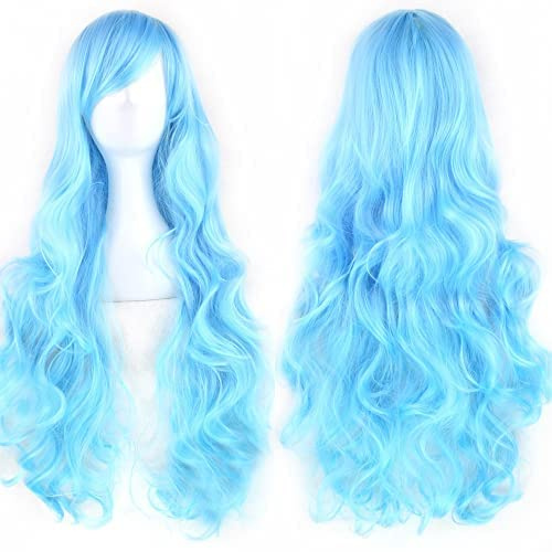 IMISSU 80cm langes lockiges Naturhaar Cosplay Perücke mit Pony Buntes Halloween Kostüm Party Perücken für Frauen (Himmelblau)