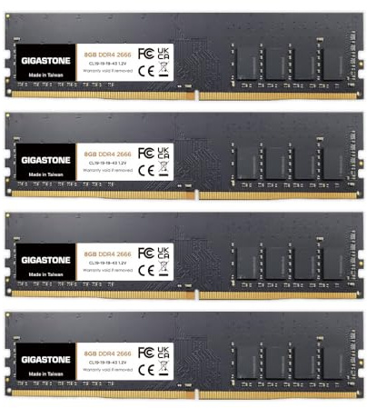 【DDR4 RAM】Gigastone Memoria RAM Escritorio 32GB (4x8GB) DDR4 32GB DDR4-2666MHz PC4-21300 CL19 1.2V UDIMM 288 Pin sin búfer sin ECC para PC Computadora Escritorio Módulo (ÚNICAMENTE Escritori)