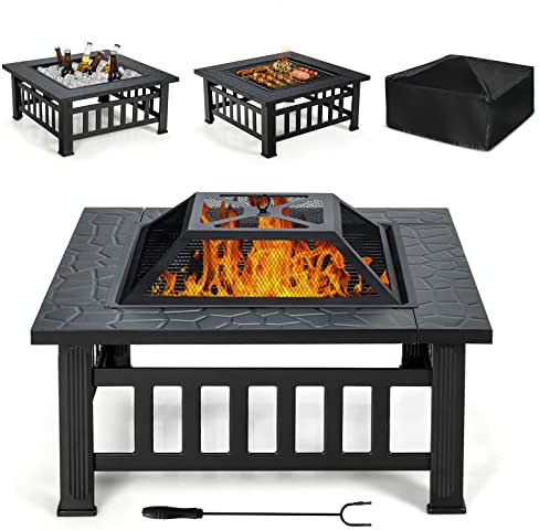 COSTWAY Mesa Brasero de Exterior 81 cm, Brasero Cuadrado de Madera 3 en 1, Brasero con Parachispas, Rejilla para Leño, Rejilla para Barbacoa, Cobertura para Lluvia para Picnic Camping y Fogata (negro)