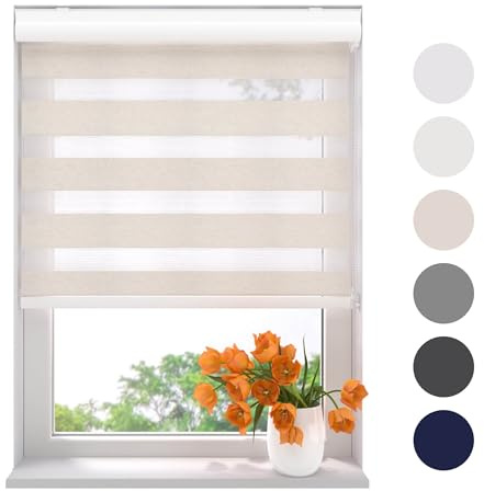 Radeco® Doppelrollo mit Kassette 220 x 175 cm (BxH) leinen, Blickdicht oder Transparent, ohne Bohren möglich, doppelrollo wandmontage, Duo Rollo, doppelrollo 220 cm breit