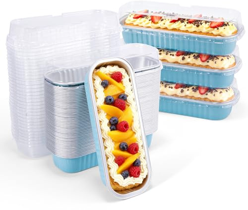 TRUSBER 50 Pack Mini Loaf Cake Pans with Lids, Disposable Aluminum Foil Baking Cupcake Pens with Cover Ramekins Tin Baking Cup for Bread, Loaf, Cakes Baking, Non-stick & Grease-proof