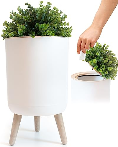 Earth & Mango® Kleiner Badezimmer-Mülleimer mit Deckel – kleiner Badezimmer-Mülleimer mit Deckel im Pflanzenstil – 4,8 Liter – Weiß – perfekt für Schlafzimmer, Büro und Badezimmer – Mülleimer, der wie