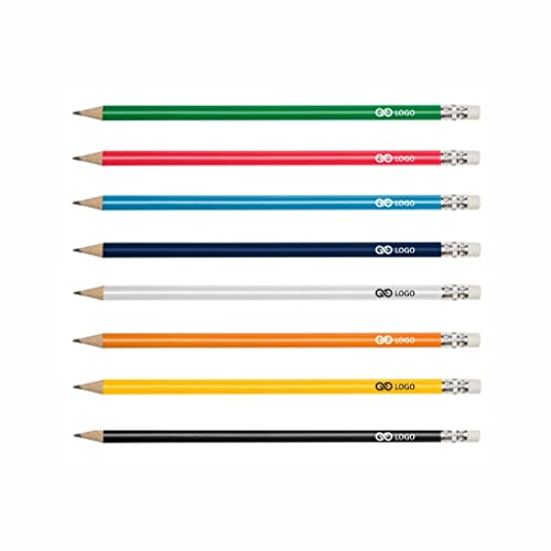 WPRO Werbebleistift mit Logo 100 Stück personalisiert, HB Bleistift mit Radierer, Druckfläche 65x6 mm, einfarbiger oder mehrfarbiger Aufdruck für Messe Büro Hotel Gastronomie