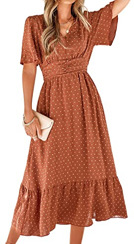 BebreezChic Sommerkleid Damen Lang Boho Elegant Kurzarm V-Ausschnitt Hohe Taille Swiss Dot Gerafft Blumen Strandkleid Maxikleid, Karamell S