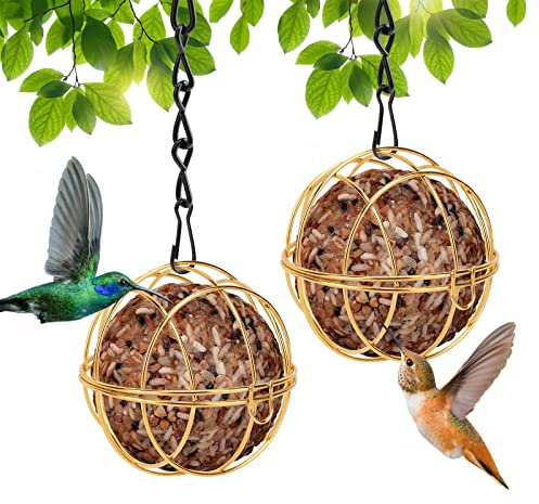 Geichan 2PCS Fat Ball Feeder Hanging,2Pcs Metal Fat Ball Bird Holder with 2 S-shaped hooks for Outdoor Garden Wildlife Little Birds Sparrow Robin
