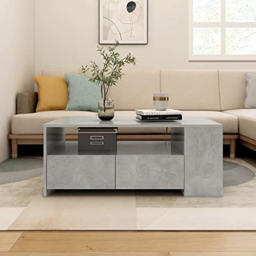 FIRBNUS Blumentisch Betongrau 102x55x42 cm Bürotisch Beistelltisch Holz Wohnzimmertisch Modern Stabilität Kleiner Tisch Wohnzimmer Coffee Table Coutischtisch Holzwerkstoff mit 2 Schubladen