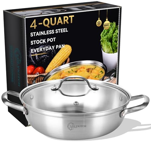 LOLYKITCH 12 Inch Tri-Ply Stainless Steel Sauté Pan with Lid,4 QT Hot Pot, Everyday Pan,Kadhai,Induction Cooking Pan,Jumbo Cooker,Dishwasher and Oven Safe.