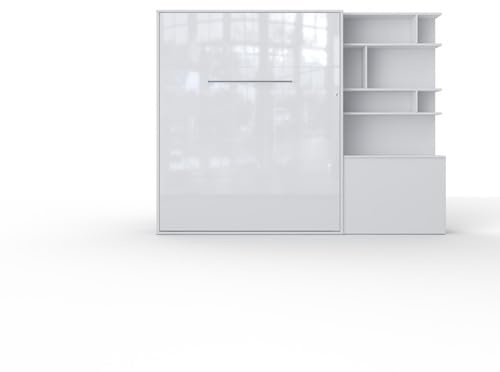MAXIMAHOUSE Schrankbett vertikal mit Bücherregal, Invento LED 140V mit Lattenrost aus Holz, Wandklappbett 140x200 Erwachsene, modern Concept und Design (Weiß/Weiß Glanz)
