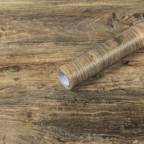 Hode Papier Adhesif pour Meuble Bois Marron 30×200cm, Rouleau Vinyle Adhesif Meuble Effet Bois, Impermeable Film Autocollant pour Armoires Comptoirs, Papier Peint Autocollant Décoratif