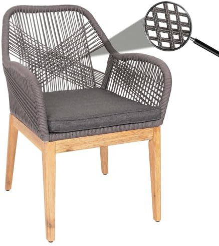 Mendler Gartenstuhl HWC-H56b Holz - grau Kissen anthrazit | Sessel, Outdoor, Stuhl, wetterfest Seilgeflecht, Rope, Akazie