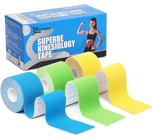 SUPERBE Kinesio-Tape und Physio-Tape Kinesiologisches Tape | für Leichtathletik, zur Schmerzlinderung, Genesung und Physiotherapie, 5 cm x 5 m (Packung mit 3 Rollen)