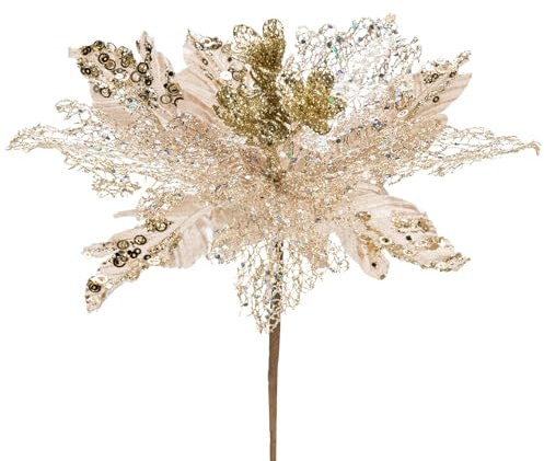 Arborus 6 Stück Künstliche Weihnachtsblumen Künstlicher Weihnachtsstern Blumen für Tannenbaum Weihnachtsbuamschmuck Künstliche Blumen für Vase Glitzer Weihnachtsblumen Weihnachtsdeko Christmasdeko