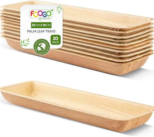 FOOGO Green 20 Bandejas Hoja de Palma Grandes 33x10cm Desechables Pizza | Biodegradables, Compostables, Pizza, entrantes, canapés y charcutería, Como bandejas de madera, Resistentes, Ecológicas