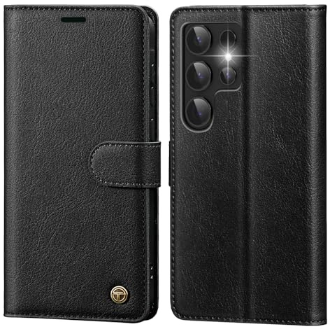 CASBST Handyhülle für Samsung Galaxy S24 Ultra Hülle mit Panzerglas Leder Schutzhülle Klappbar mit Kartenfach Ständer Magnet Handytasche mit RFID Flip Case Klapphülle für Samsung S24 Ultra Schwarz