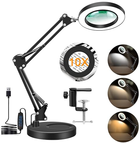 Hviww 10X Magnifying Glass with Light and Stand, Magnifier with Light Hands Free, 3 Color Modes 10 Level Dimmable, Magnifying Real Glass LED Desk Lamp for Close Work, Repair, Reading, Craft, Black