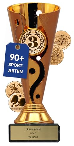 pokal-fabrik Pokal mit Gravur Wunschtext – Gold, Silber & Bronze Trophäe mit Sportart Emblem nach Wahl – Personalisierte Auszeichnung für Fußball WM & andere Sport Events – 15,5 cm inkl. Marmorsockel