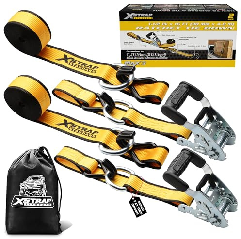 XSTRAP STANDARD 2 Pack 1.5'' x 16' Ratchet Tie Down Straps - 1,100 lb Safe Working Load, 3,300 lb Break Strength, Heavy Duty Double J-Hook Cargo Straps Ergonomic Padded Handle for Truck, Trailers